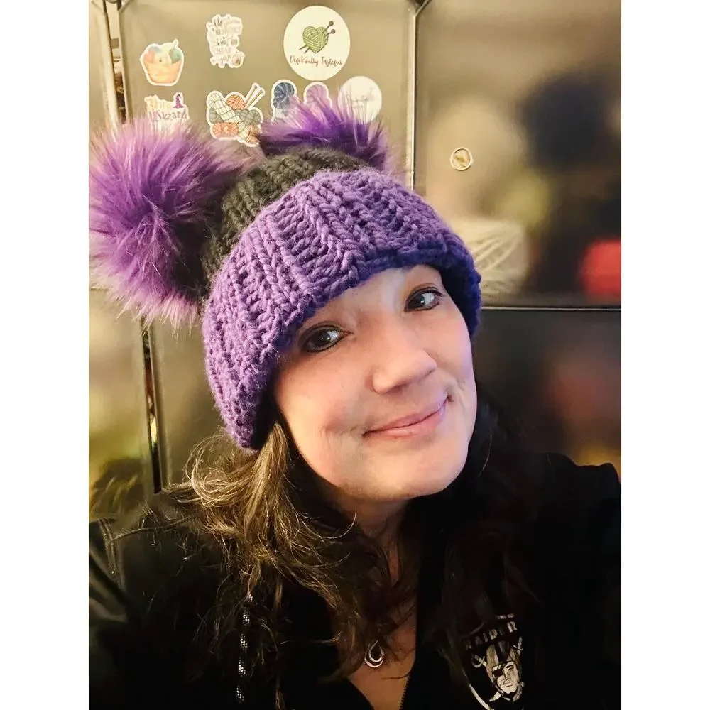 Hand Knit Beanie with Double Faux Fur Poms - Adult Winter Hat